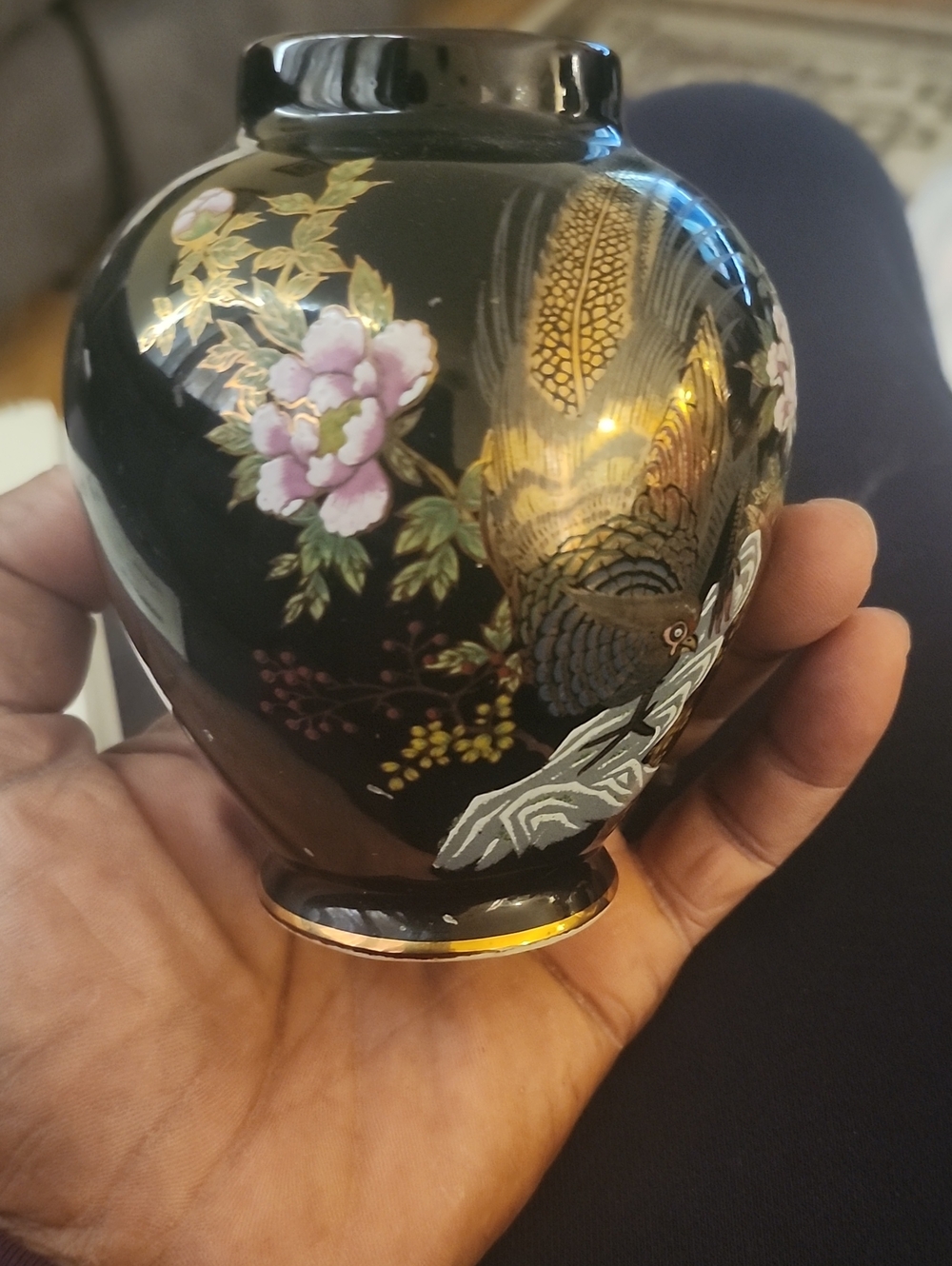 Hand-Painted Black Floral Accent Vase with Gold Detailing